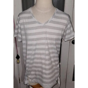 Ron Thomson Mens Gray White Striped V Neck Tshirt‎ Large